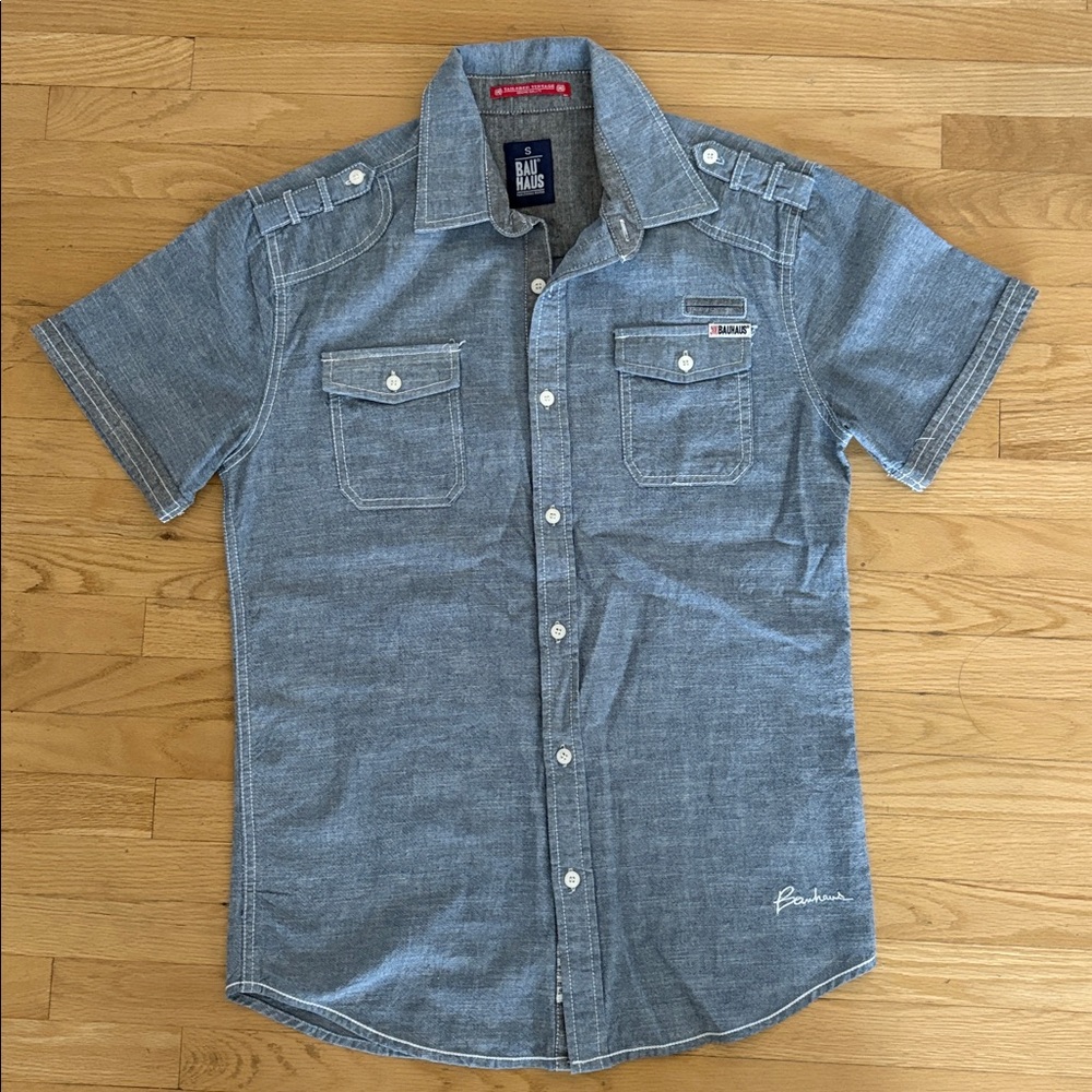 Men Bauhaus  Denim Blue Short Sleeve Shirt Sz.Small